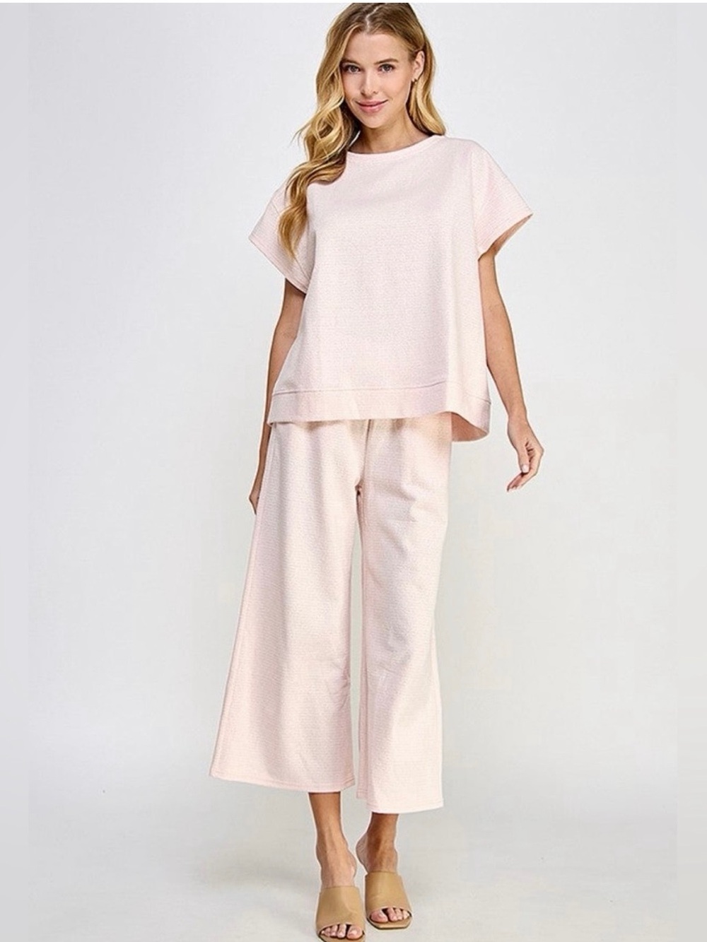 See and Be Seen Metallic Textured Cropped Wide-Leg Pant Set in Soft Blush